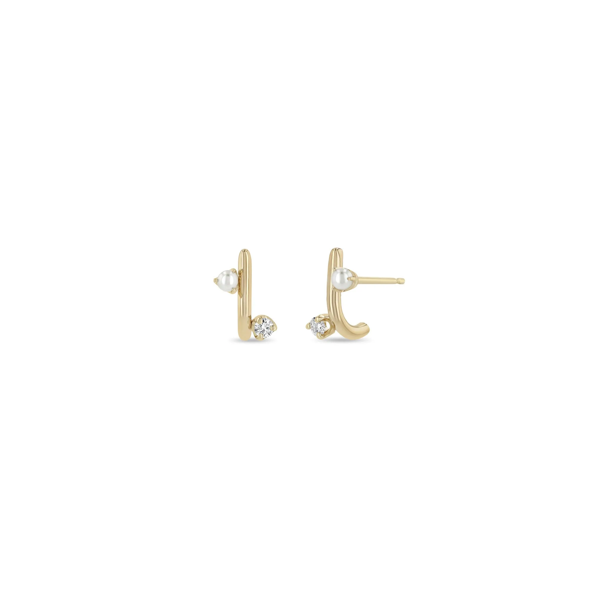 14k Mixed Prong Pearl & Diamond J Hook Hoop Earrings