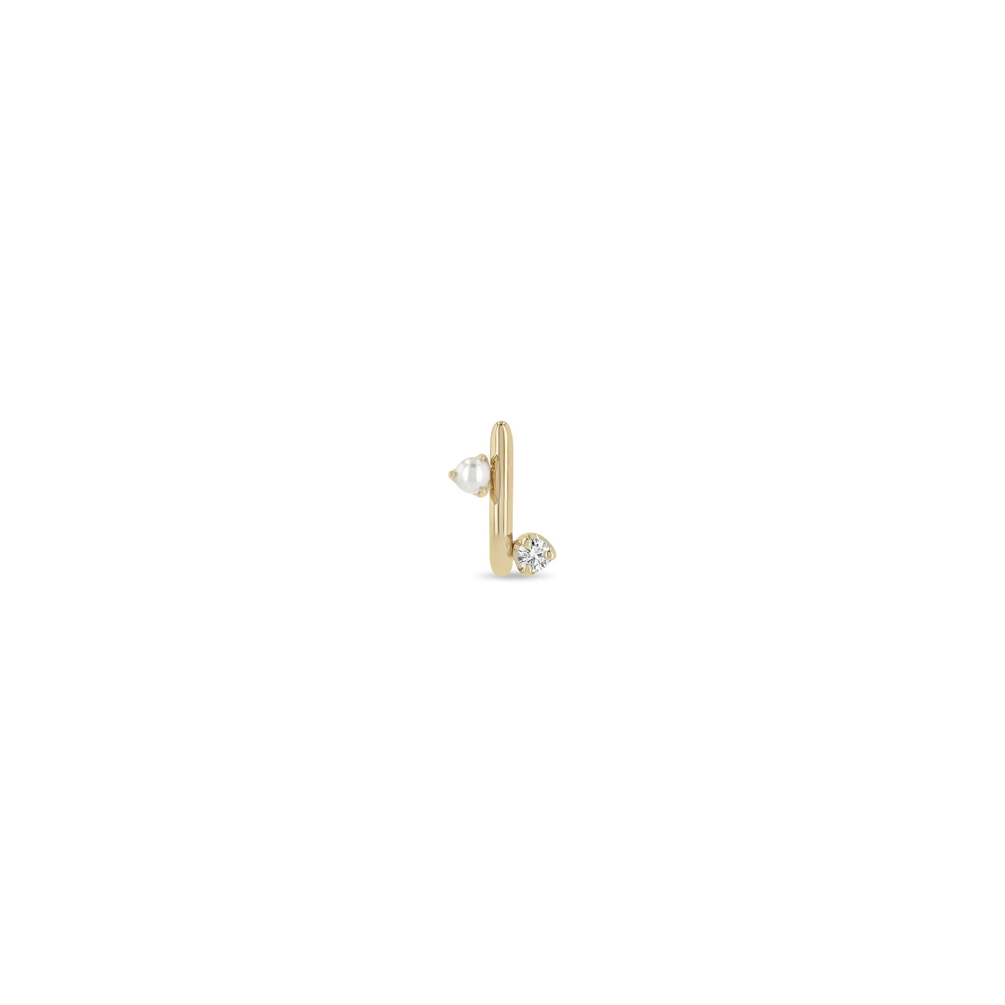 14k Mixed Prong Pearl & Diamond J Hook Hoop Earrings