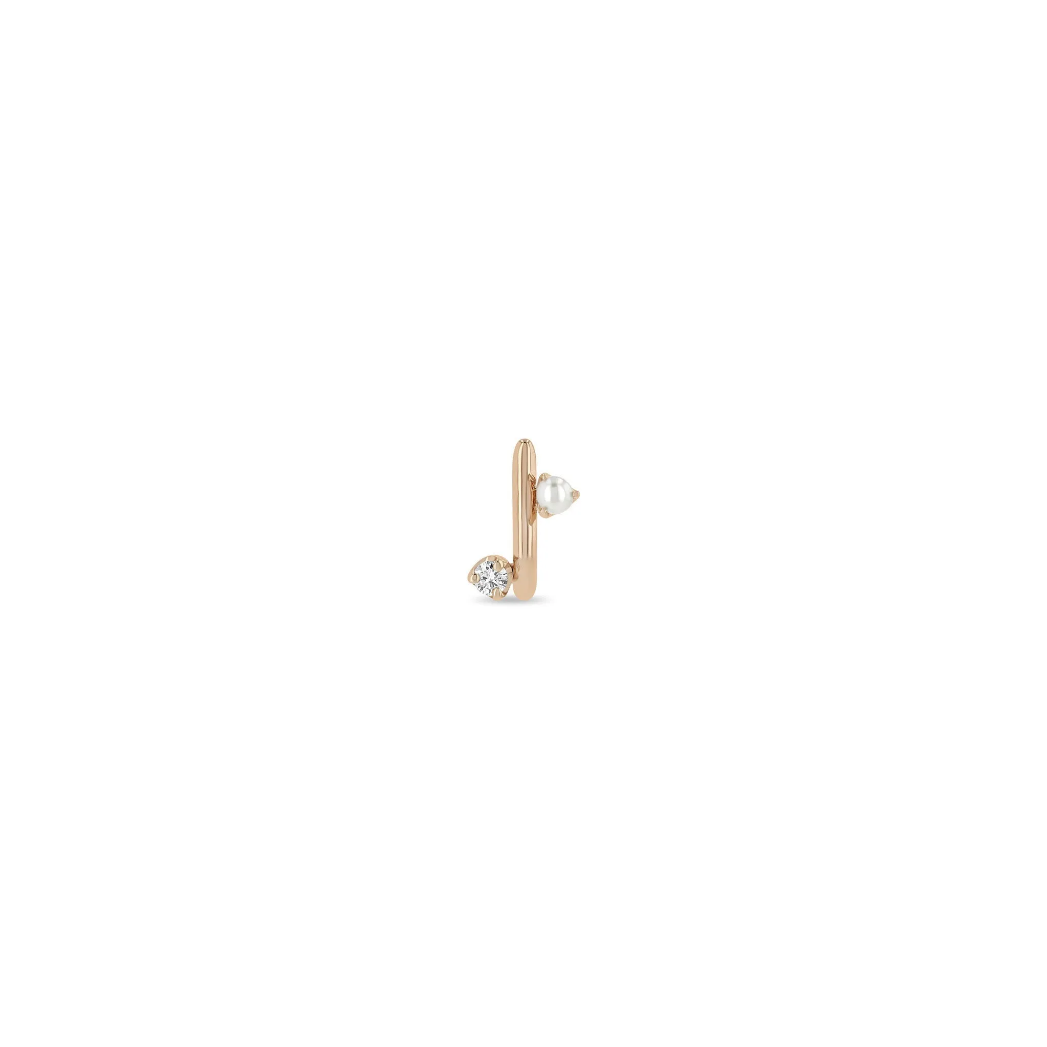 14k Mixed Prong Pearl & Diamond J Hook Hoop Earrings