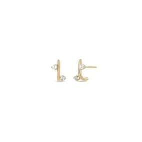 14k Mixed Prong Pearl & Diamond J Hook Hoop Earrings