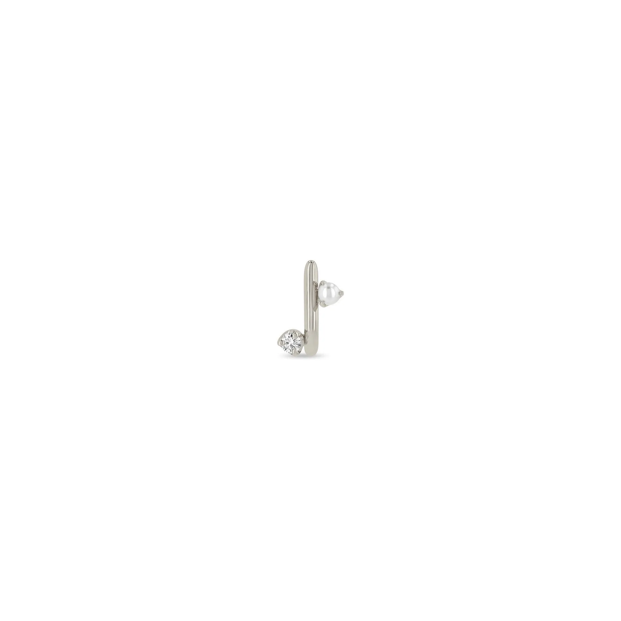 14k Mixed Prong Pearl & Diamond J Hook Hoop Earrings