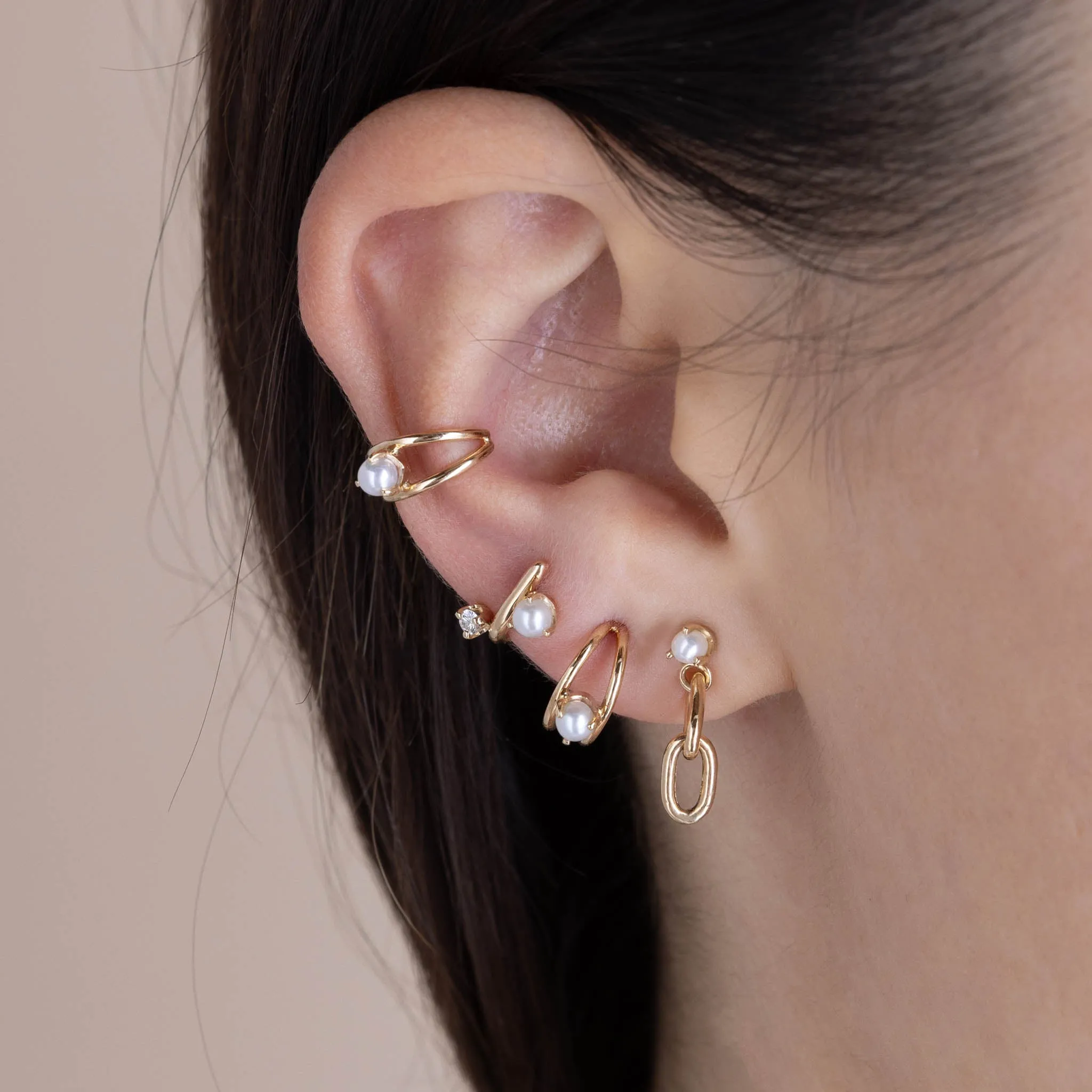 14k Mixed Prong Pearl & Diamond J Hook Hoop Earrings