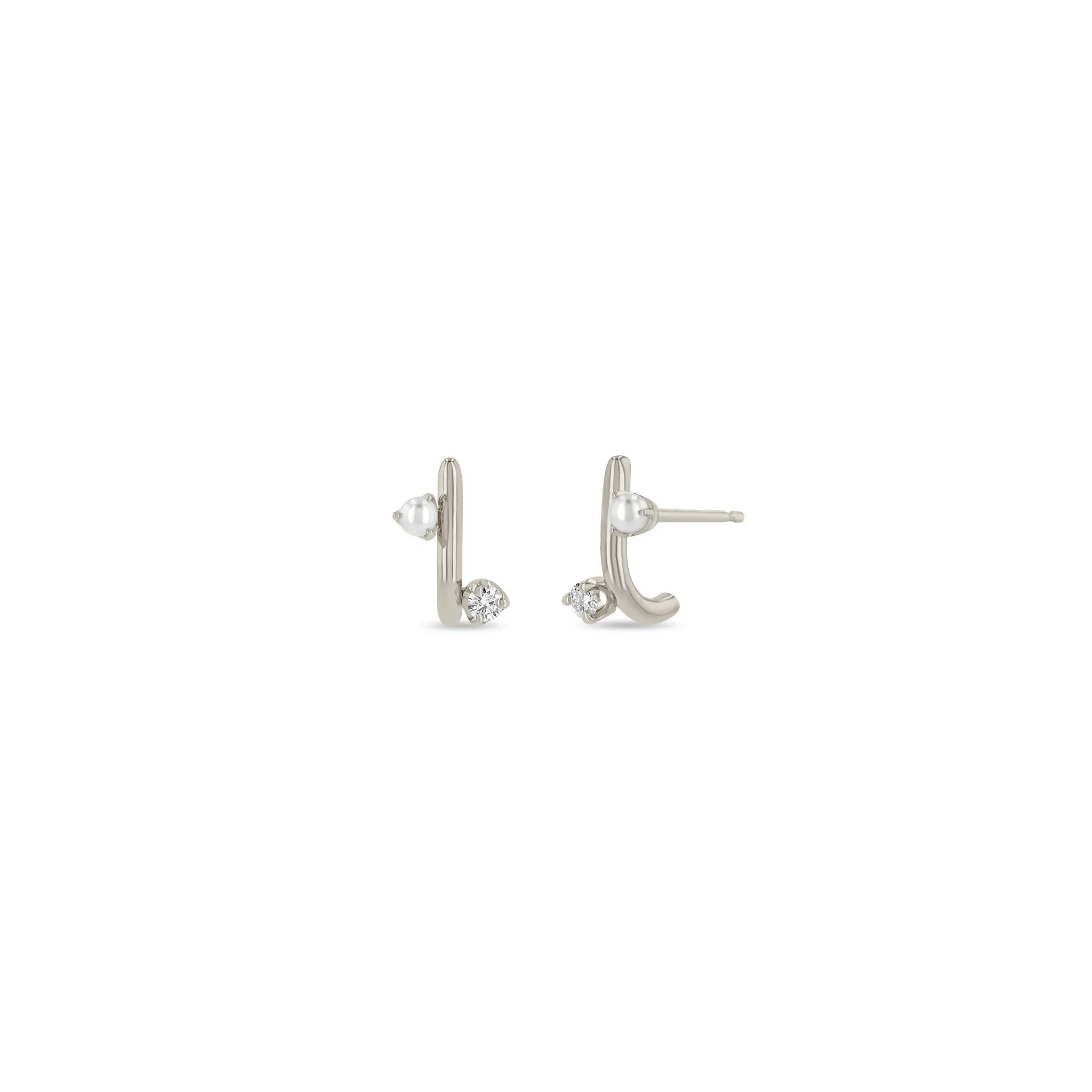 14k Mixed Prong Pearl & Diamond J Hook Hoop Earrings
