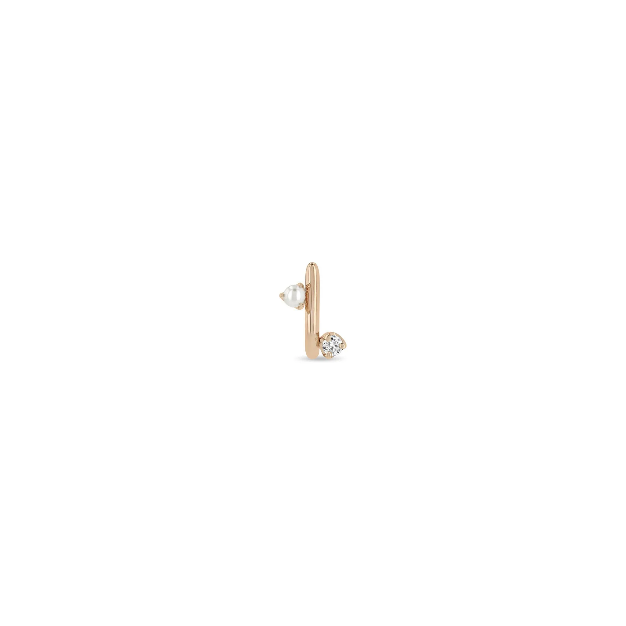 14k Mixed Prong Pearl & Diamond J Hook Hoop Earrings