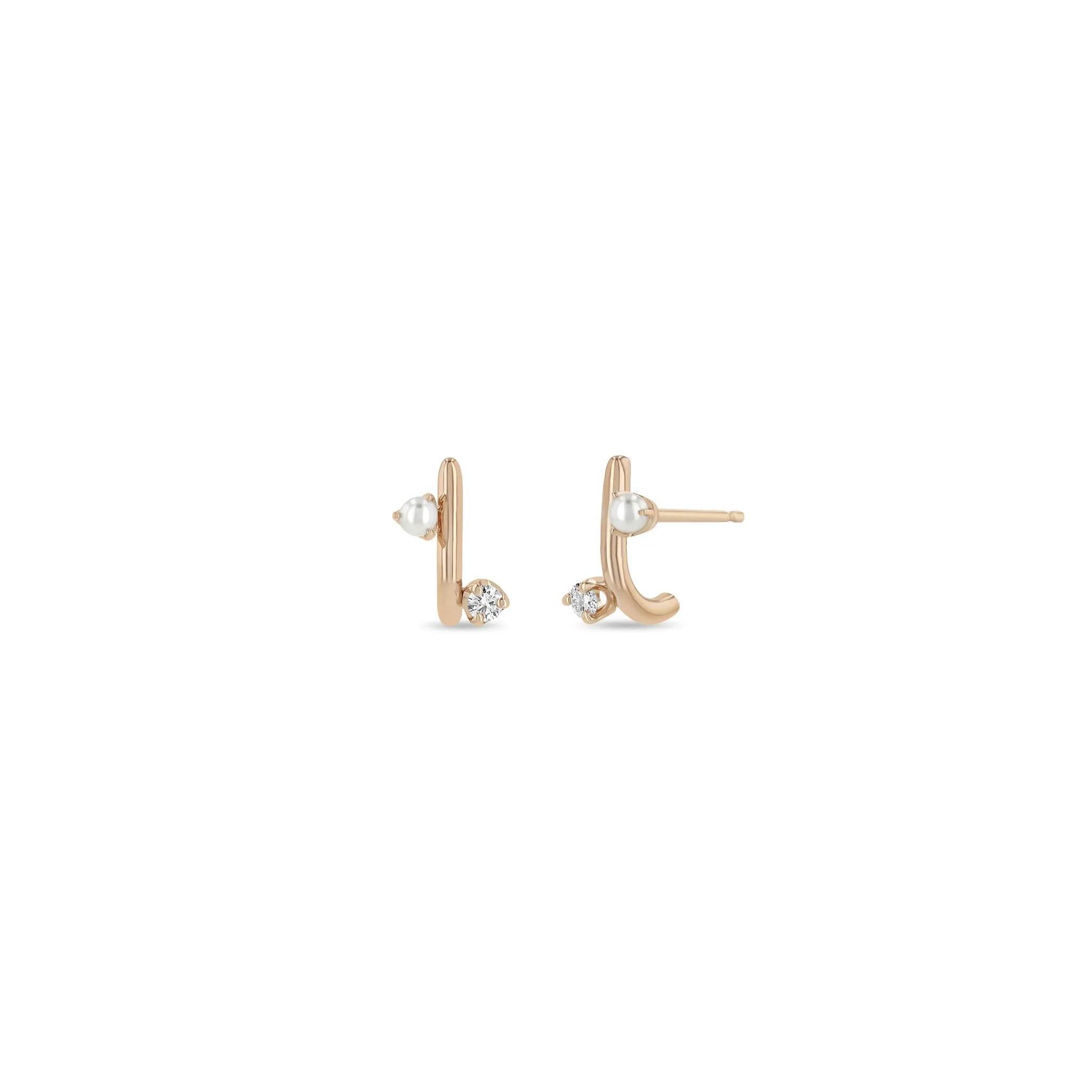 14k Mixed Prong Pearl & Diamond J Hook Hoop Earrings