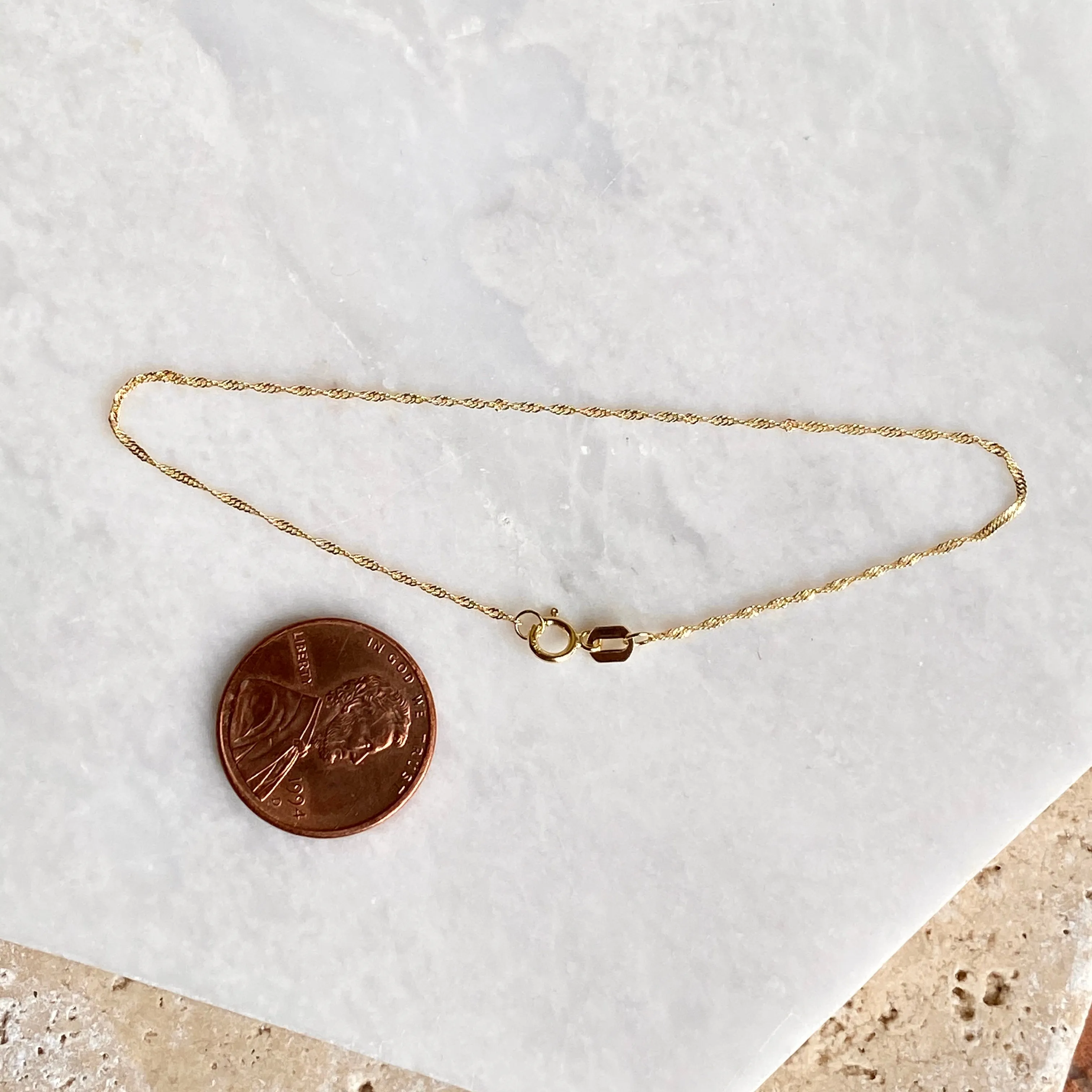 14KT Yellow Gold 1mm Singapore Link Thin Chain Bracelet 7"