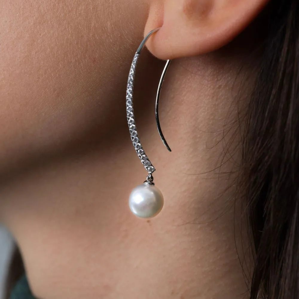 18ct White Gold Diamond Pave Curved Bar with Pearl Earrings