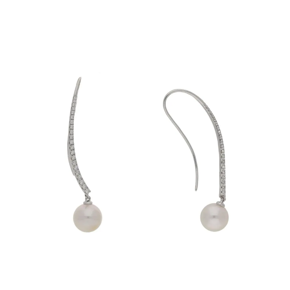 18ct White Gold Diamond Pave Curved Bar with Pearl Earrings