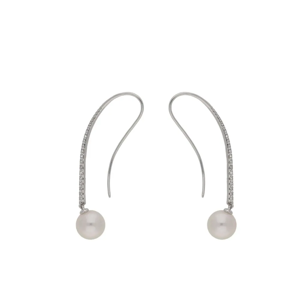 18ct White Gold Diamond Pave Curved Bar with Pearl Earrings