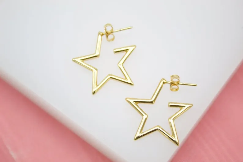 18K Gold Filled Open Star Hoop Modern Minimalist Stud Earrings (K211B)(L230)