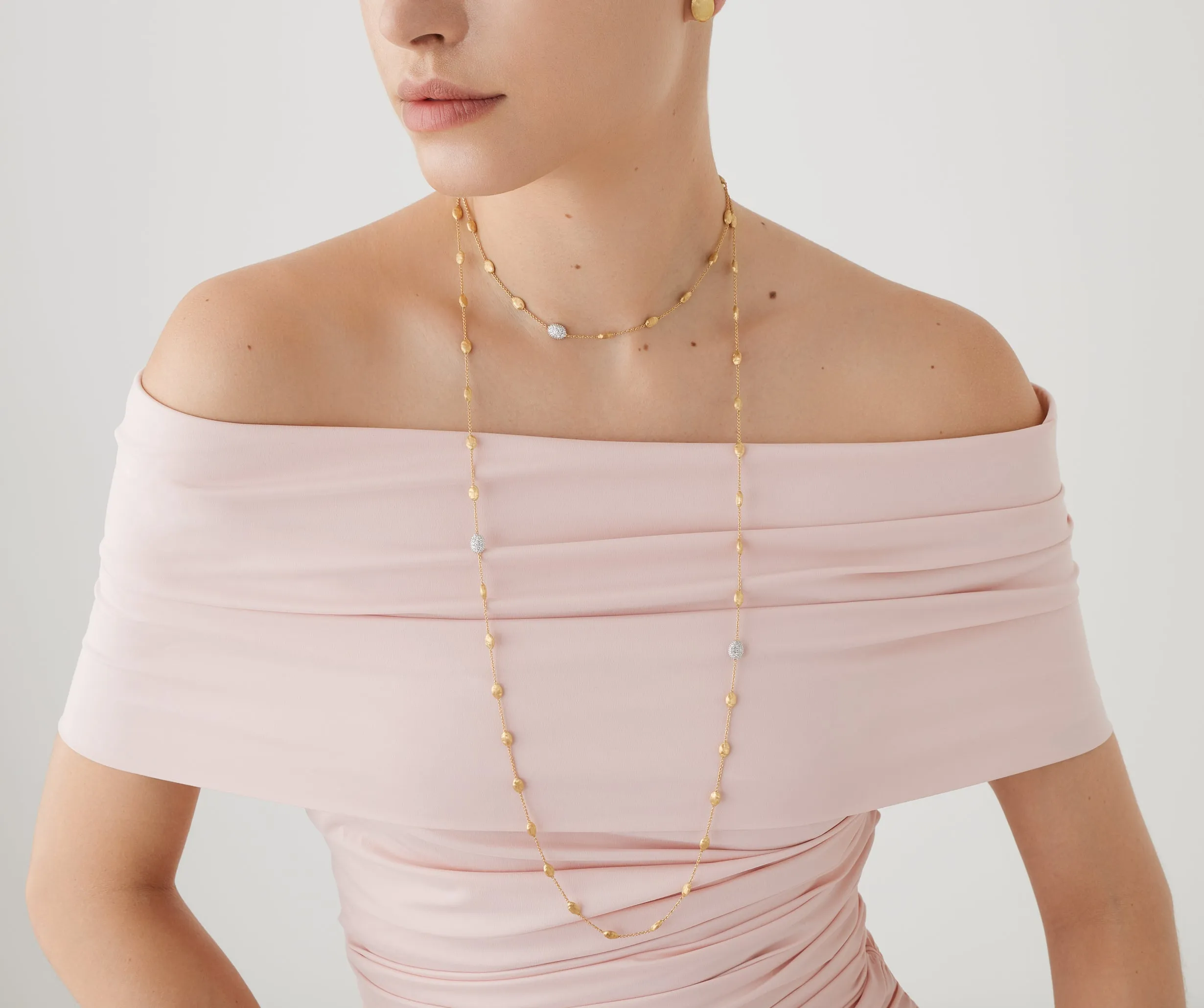 18K Yellow Gold Gold & Diamond Small Bean Long Necklace