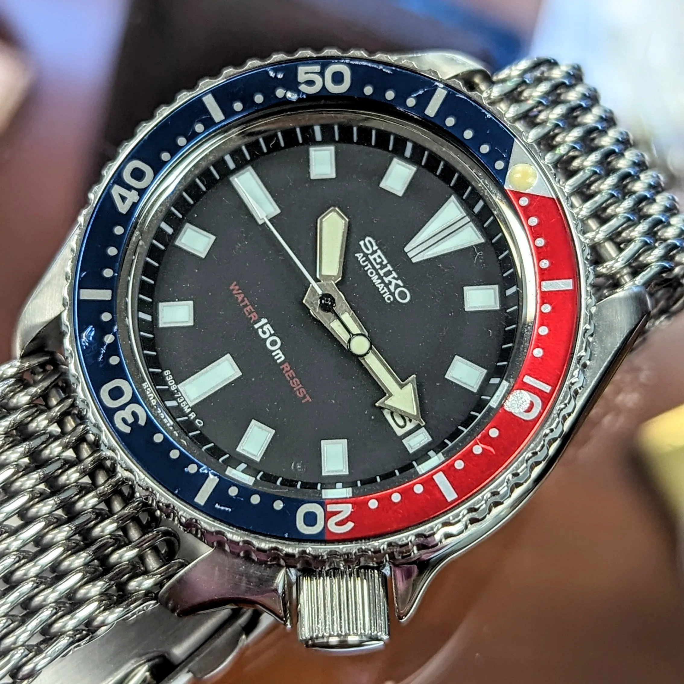 1985 Pepsi SEIKO Automatic Watch 6309-729A Slim Turtle Diver Wristwatch Date Indicator