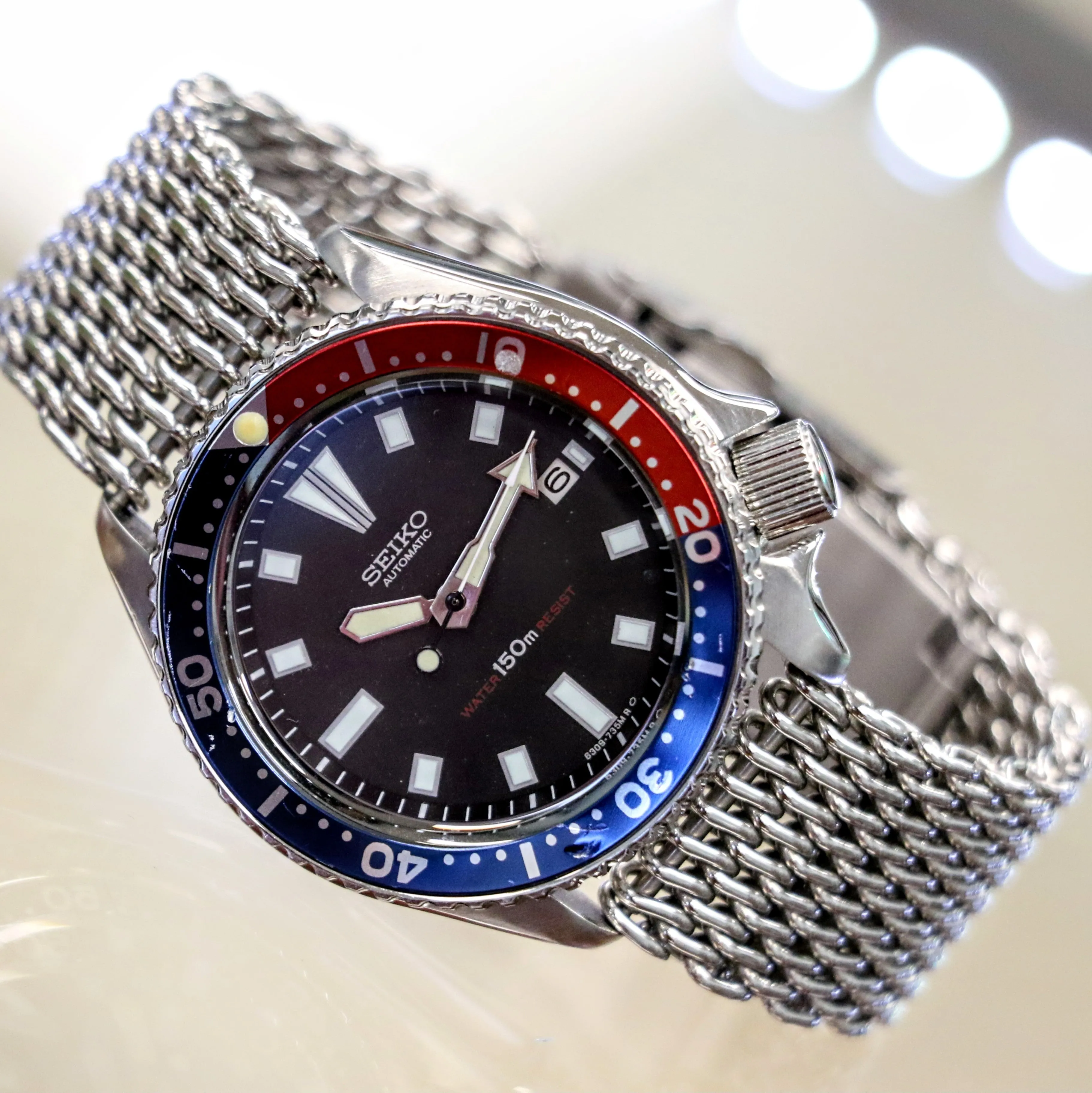 1985 Pepsi SEIKO Automatic Watch 6309-729A Slim Turtle Diver Wristwatch Date Indicator