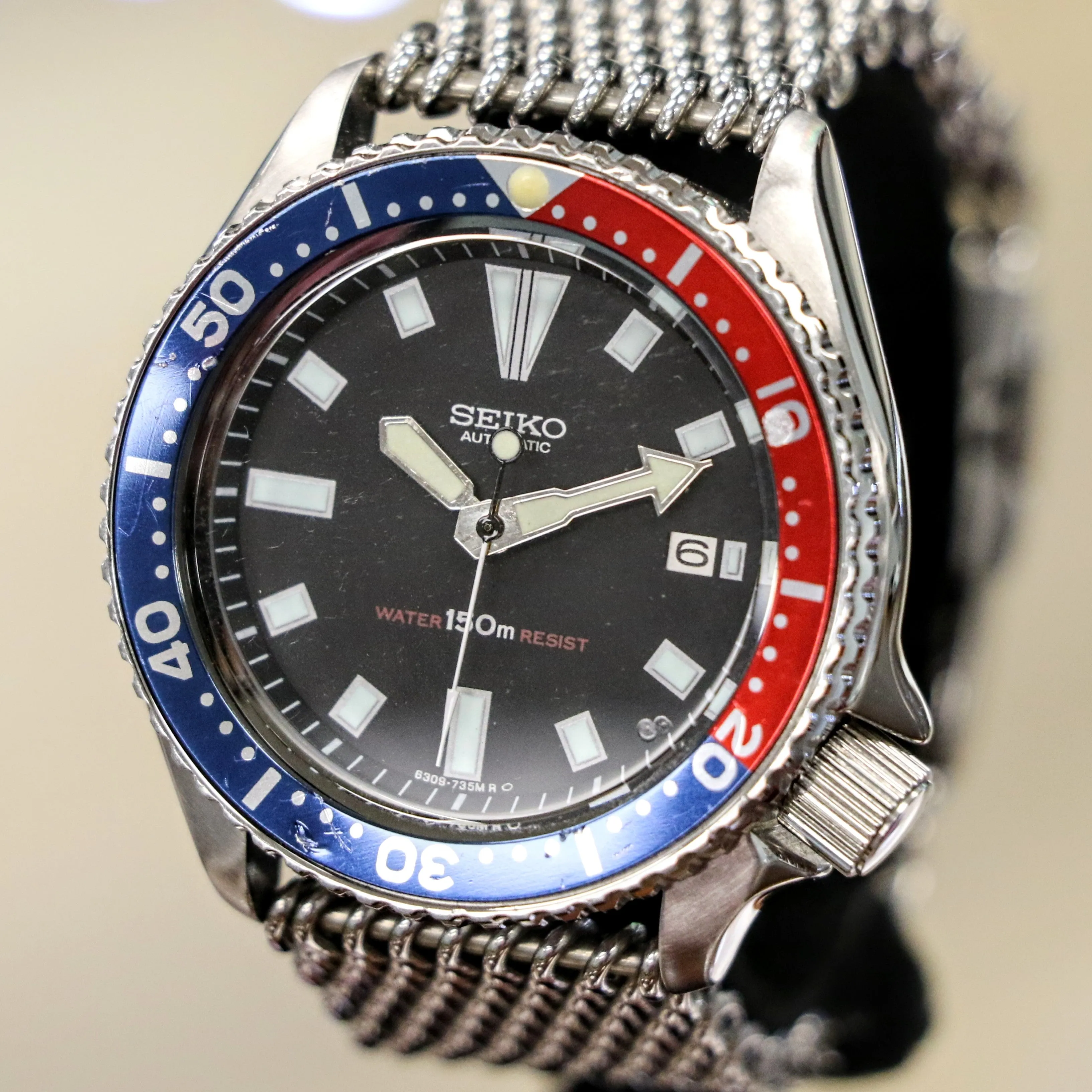 1985 Pepsi SEIKO Automatic Watch 6309-729A Slim Turtle Diver Wristwatch Date Indicator