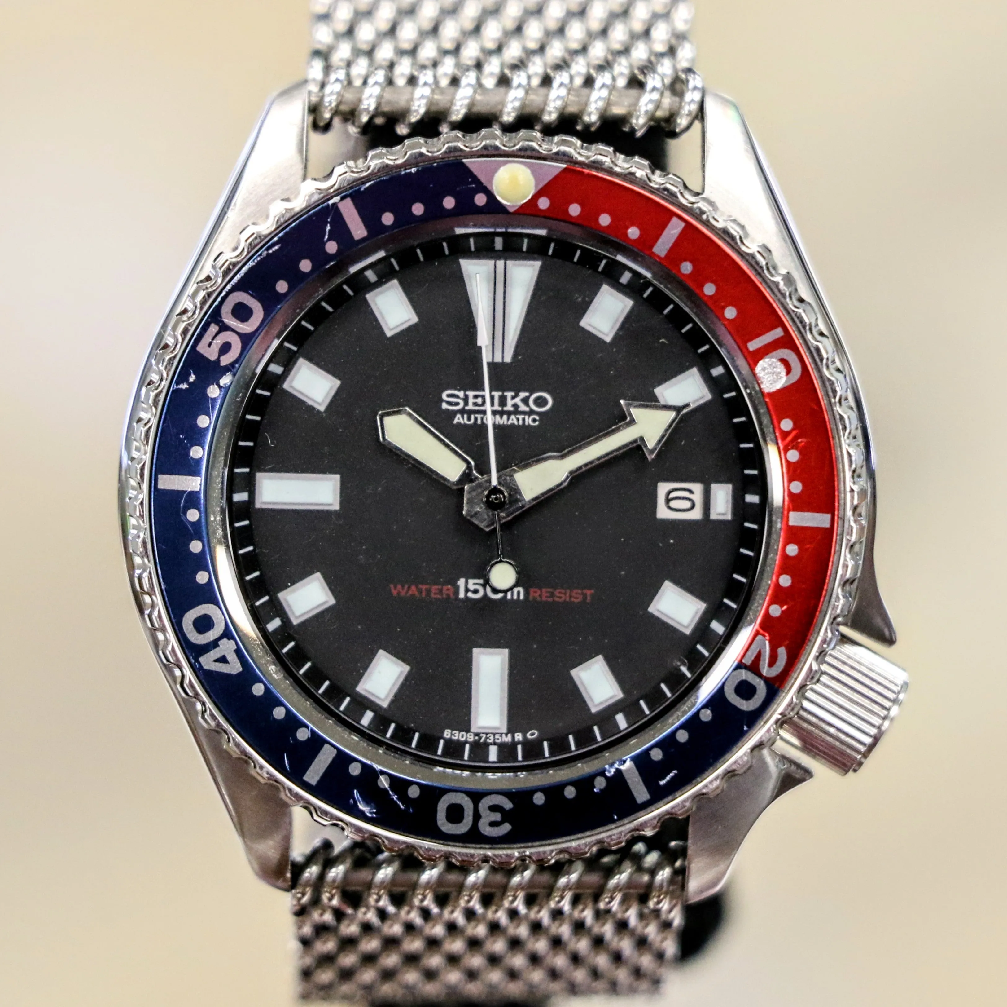 1985 Pepsi SEIKO Automatic Watch 6309-729A Slim Turtle Diver Wristwatch Date Indicator