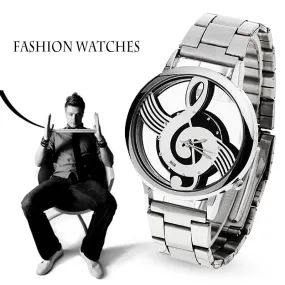 2019 New Luxury Brand Fashion and Casual Music Note Notation Watch Stainless Steel Wristwatch for Men and Women Silver Watches