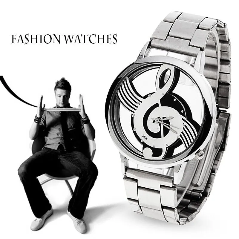 2019 New Luxury Brand Fashion and Casual Music Note Notation Watch Stainless Steel Wristwatch for Men and Women Silver Watches