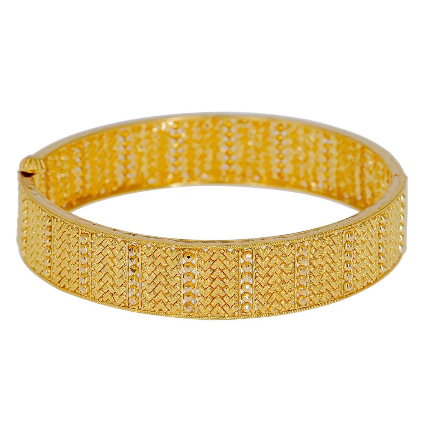 22K Yellow Gold Bangles Set of 2 W/ Beaded Filigree & Pointed Brick Pattern
