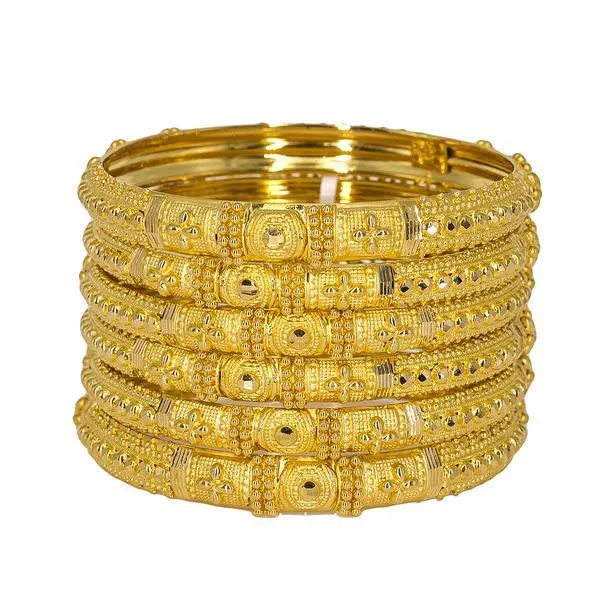 22K Yellow Gold Bangles Set of 6 W/ Chunky Beaded Filigree, 80.3 gm