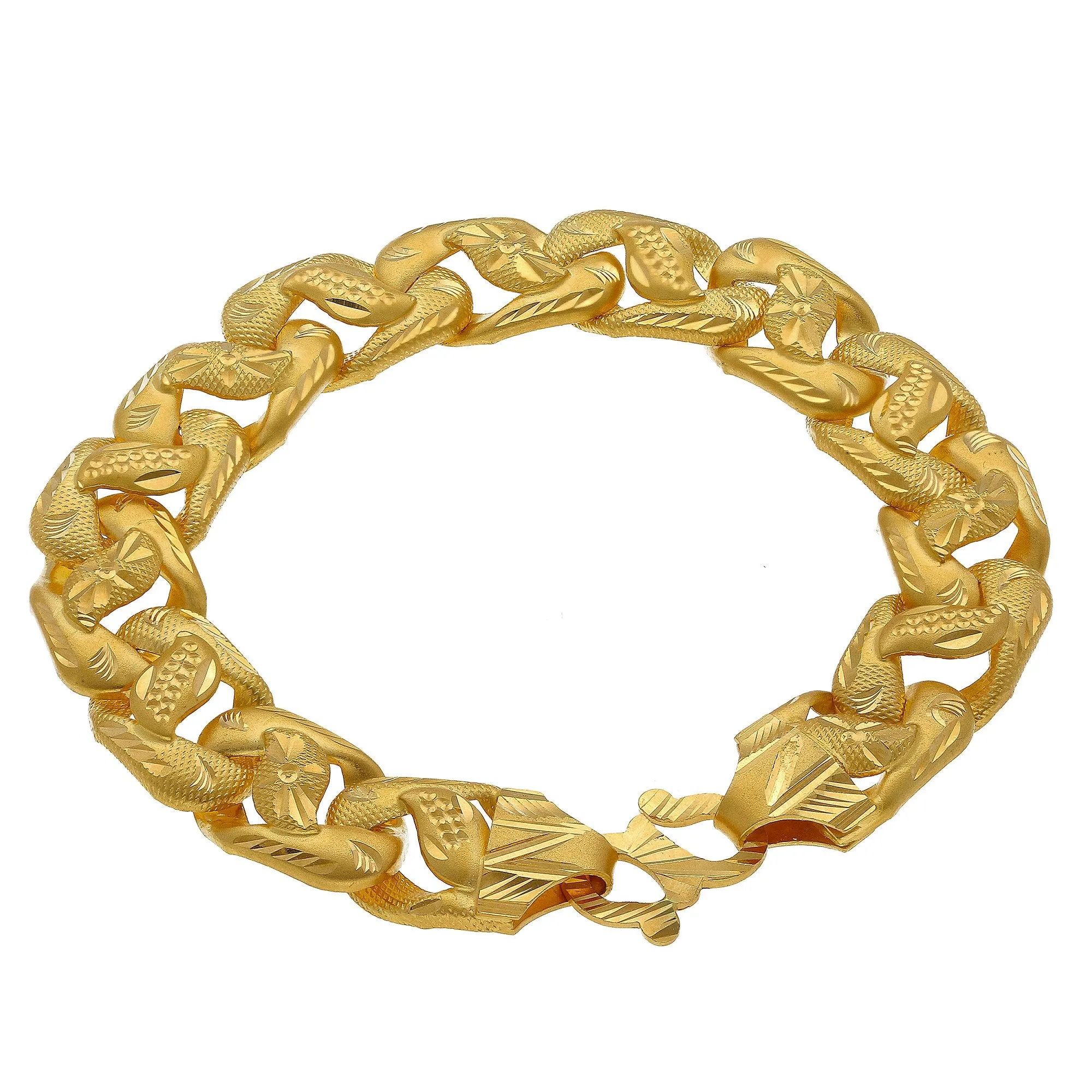 22K Yellow Gold Men's Chunky Bracelet W/ Wide Links & Laser Cut Designs
