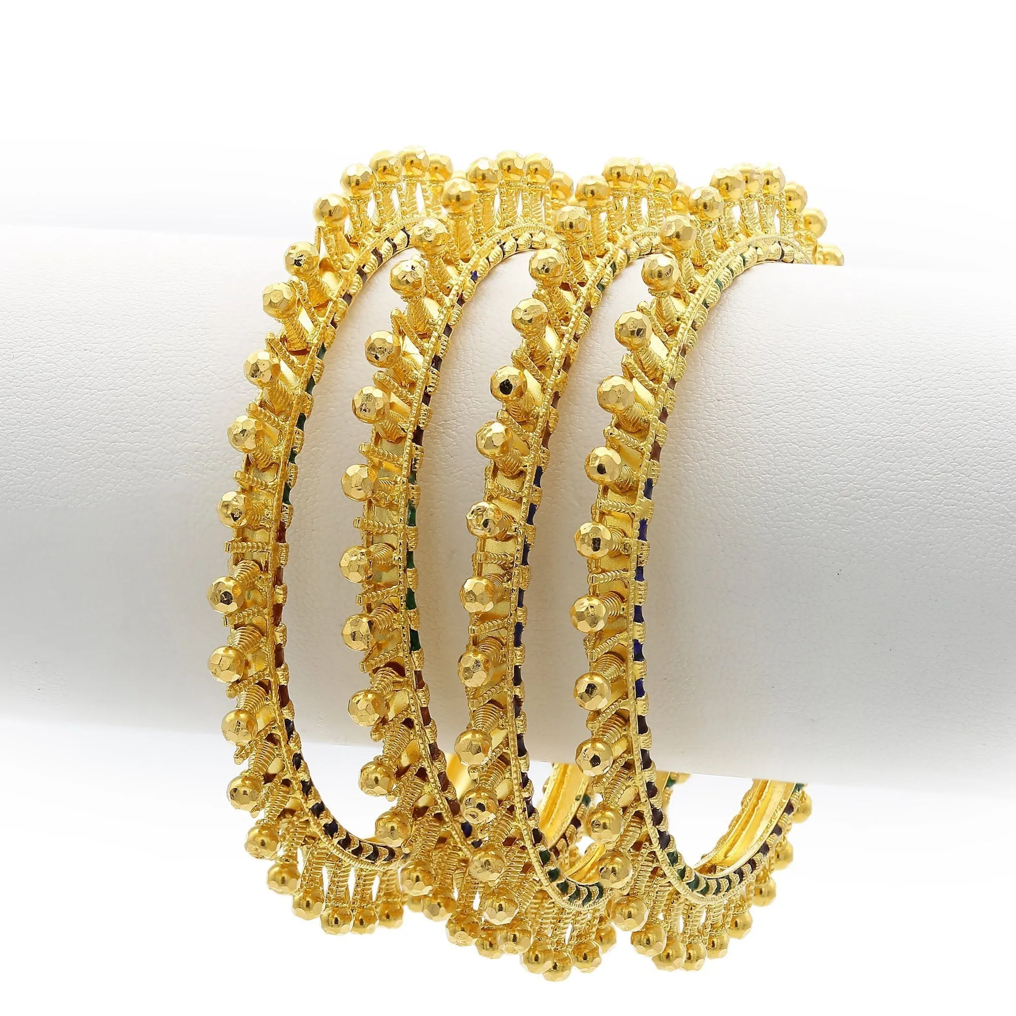 22K Yellow Gold Studded Bangles W/ Side Handpaint Enamel, Set of 4