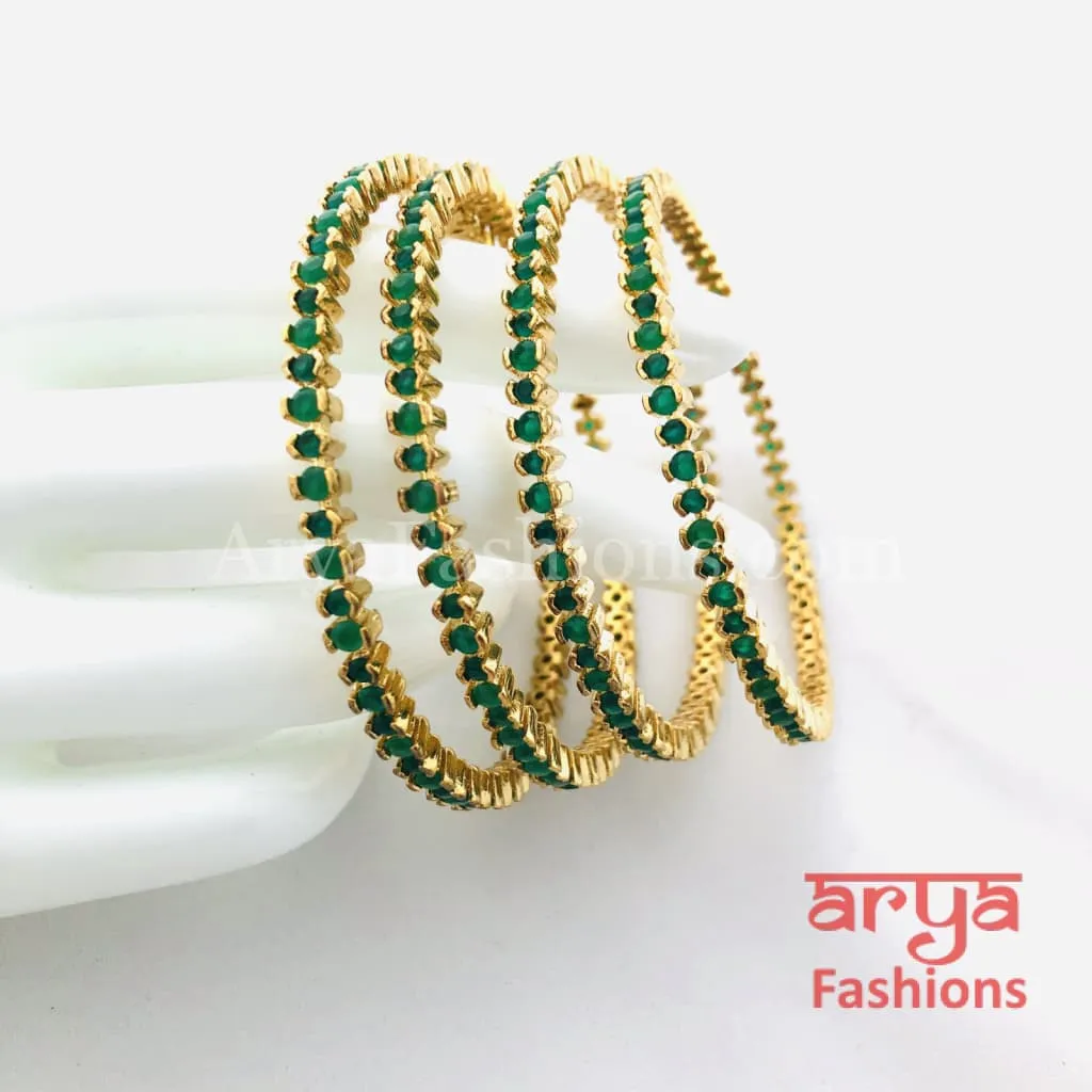 2.6 Golden Emerald Green CZ Trendy Bangles, Set of 4 Bangles
