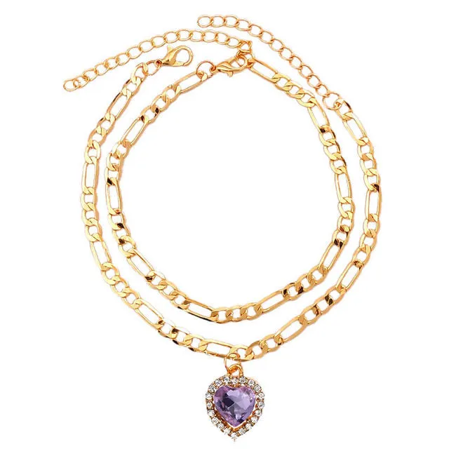 2Pcs/Set Multicolor Heart Crystal Foot Bracelet Copper Feet Chain