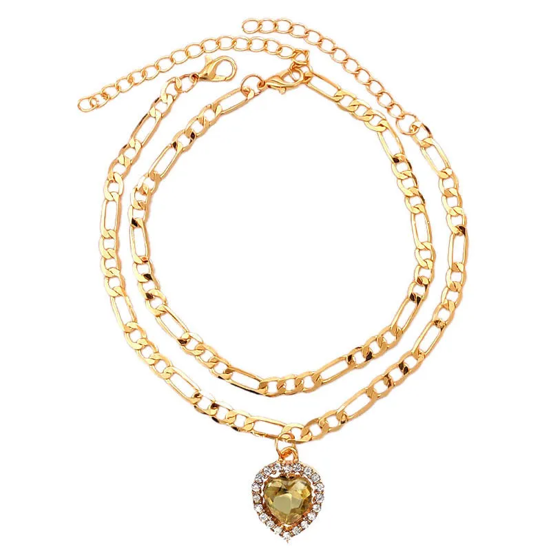 2Pcs/Set Multicolor Heart Crystal Foot Bracelet Copper Feet Chain