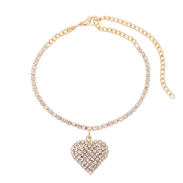 2Pcs/Set Multicolor Heart Crystal Foot Bracelet Copper Feet Chain