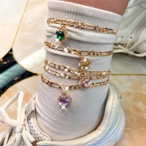 2Pcs/Set Multicolor Heart Crystal Foot Bracelet Copper Feet Chain