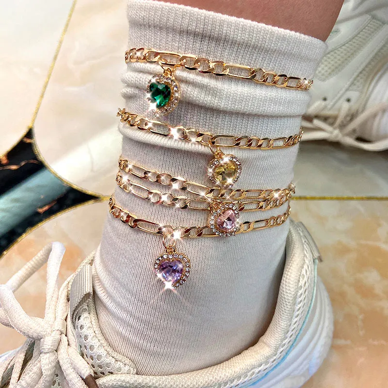 2Pcs/Set Multicolor Heart Crystal Foot Bracelet Copper Feet Chain