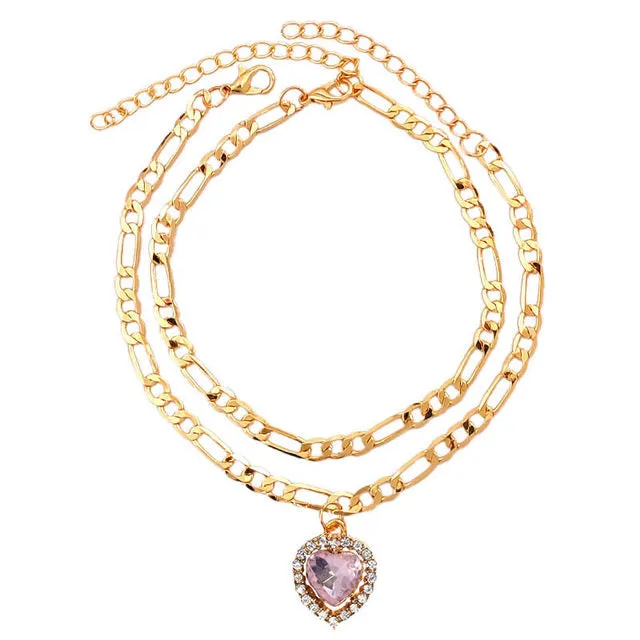 2Pcs/Set Multicolor Heart Crystal Foot Bracelet Copper Feet Chain