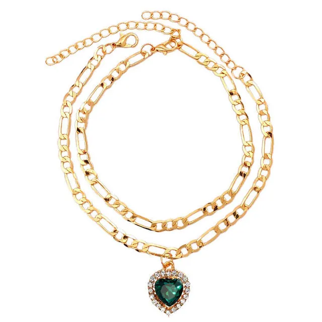 2Pcs/Set Multicolor Heart Crystal Foot Bracelet Copper Feet Chain