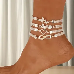 4-Pieces: Wide Edge Chain Anklets Set