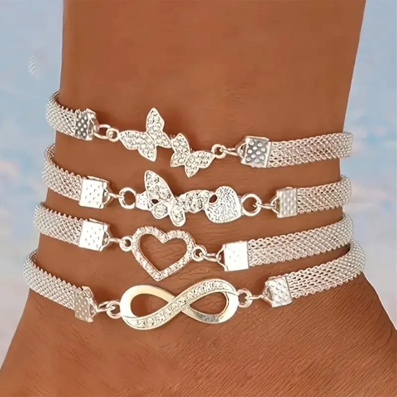 4-Pieces: Wide Edge Chain Anklets Set