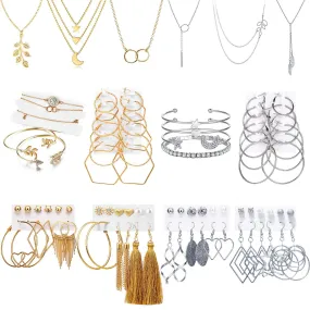 51 PCS Gold Silver Jewelry Set with 6 PCS Necklace,9 PCS Bracelet,36 PCS Layered Ball Dangle Hoop Stud Earrings for Women Jewelry Fashion and Valentine Birthday Party Gift