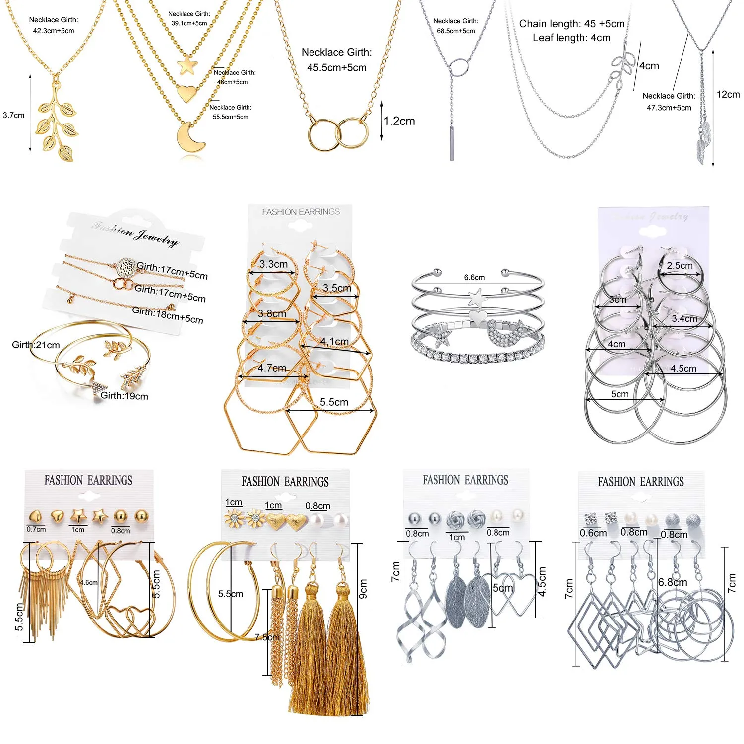 51 PCS Gold Silver Jewelry Set with 6 PCS Necklace,9 PCS Bracelet,36 PCS Layered Ball Dangle Hoop Stud Earrings for Women Jewelry Fashion and Valentine Birthday Party Gift