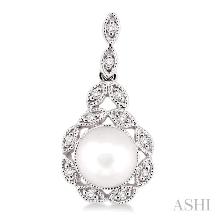 6x6mm Cultured Pearl and 1/8 Ctw Single Cut Diamond Earrings in 14K White Gold