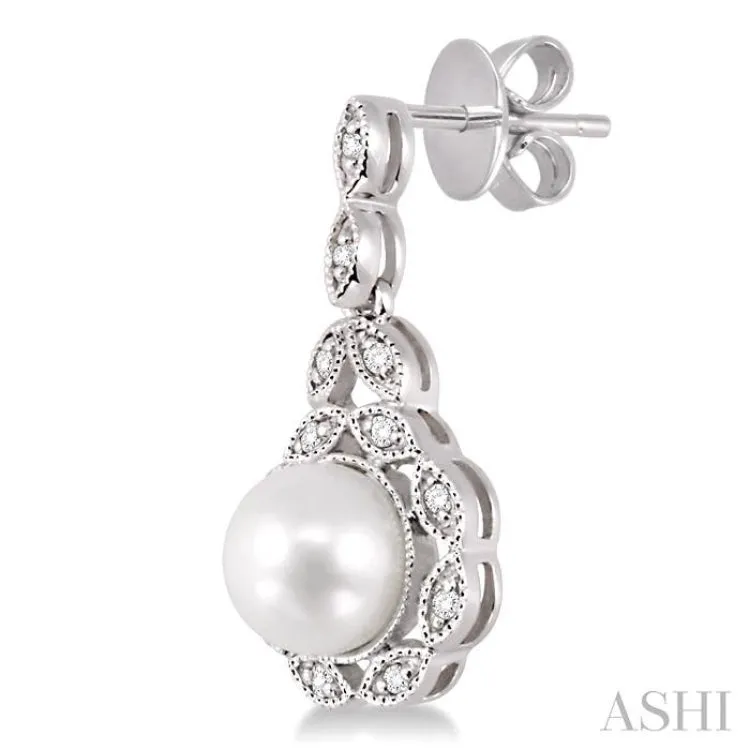 6x6mm Cultured Pearl and 1/8 Ctw Single Cut Diamond Earrings in 14K White Gold