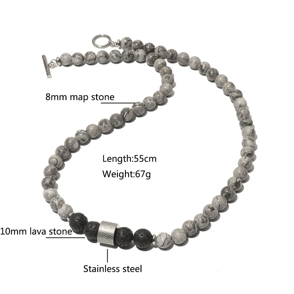 8mm Natural Stone Beads Short Necklace Stainless Steel Pandent Charm Choker Neck Chain