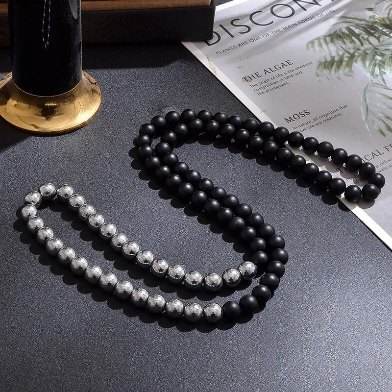 8mm Tiger Eye Black Onyx Beaded Choker Necklace Charm Fashion Men Women