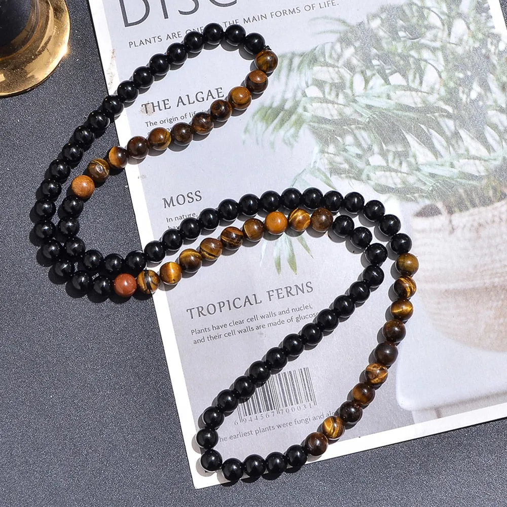 8mm Tiger Eye Black Onyx Beaded Choker Necklace Charm Fashion Men Women
