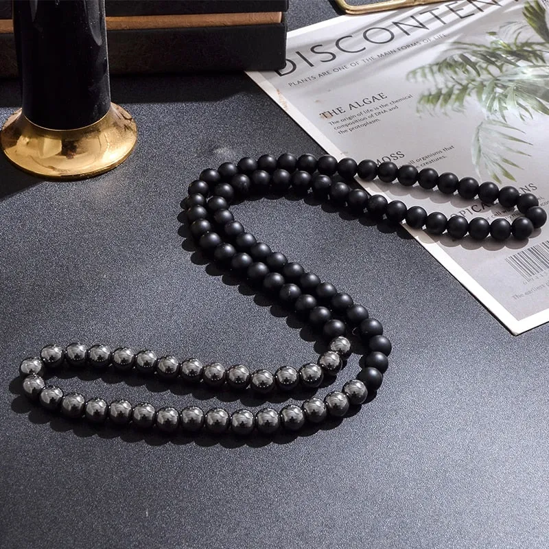 8mm Tiger Eye Black Onyx Beaded Choker Necklace Charm Fashion Men Women