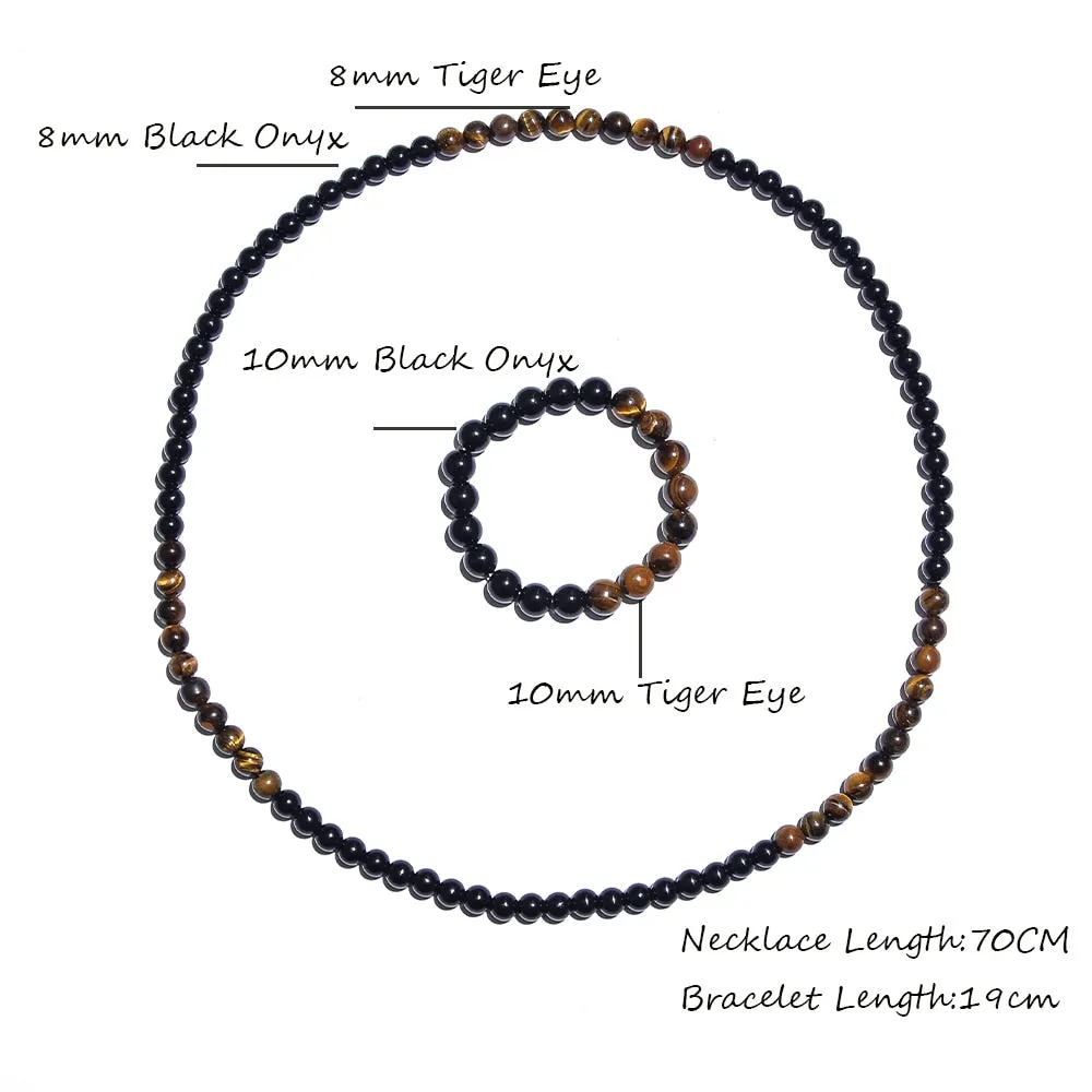 8mm Yellow Tiger Eye Black Onyx Beaded Necklace Men and Women Choker Long Necklace Jewelry Set