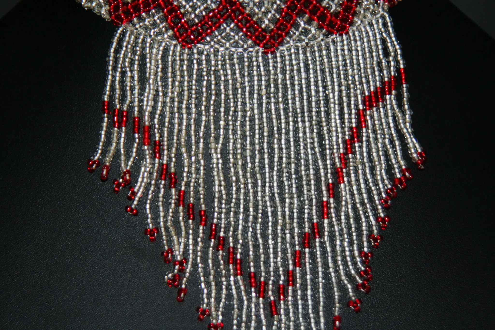 African Beaded Choker Necklace Red White/Silver Chevron Design Swaziland