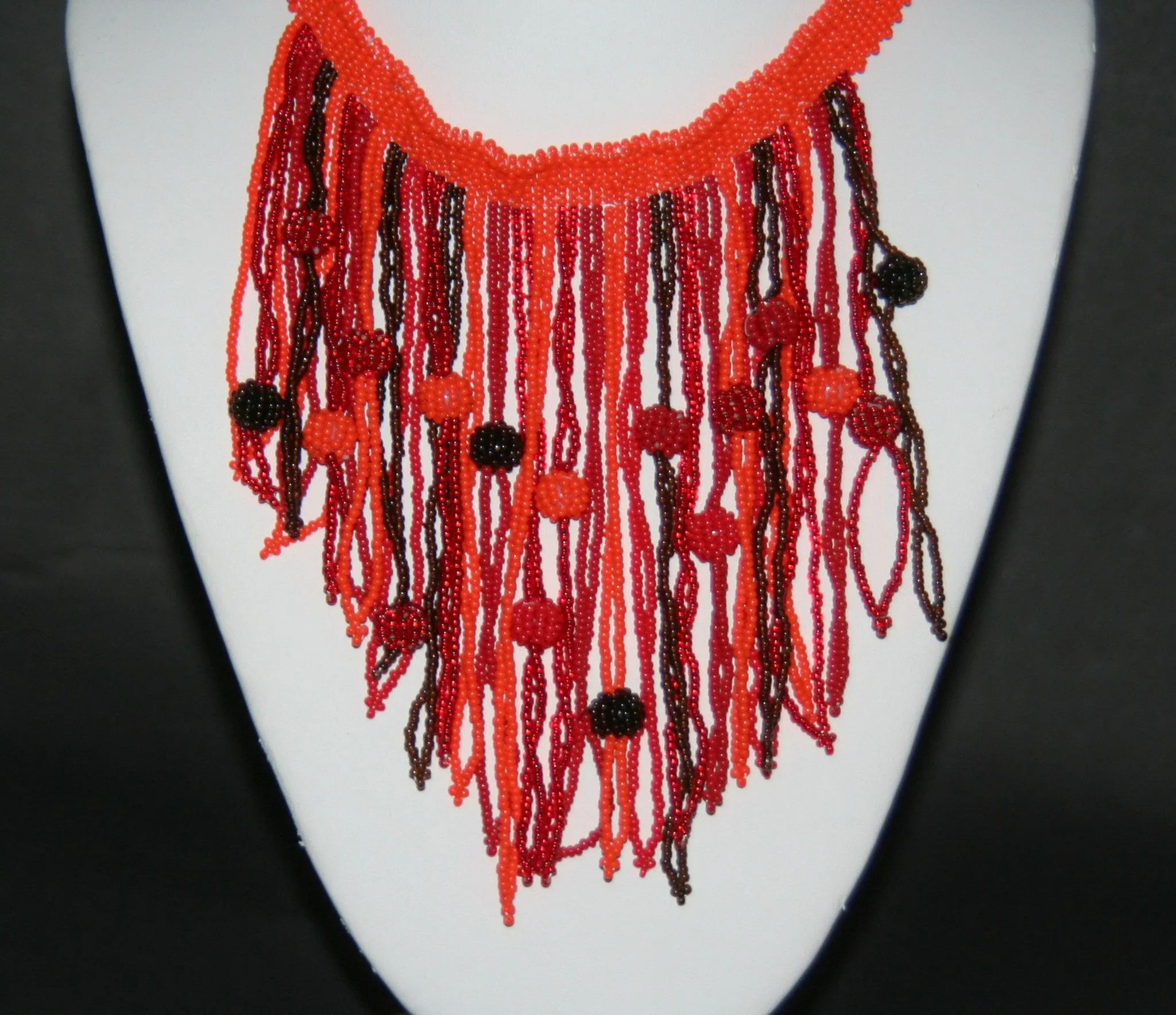 African Choker Beaded Cascade Necklace Orange Burgundy Red Beads