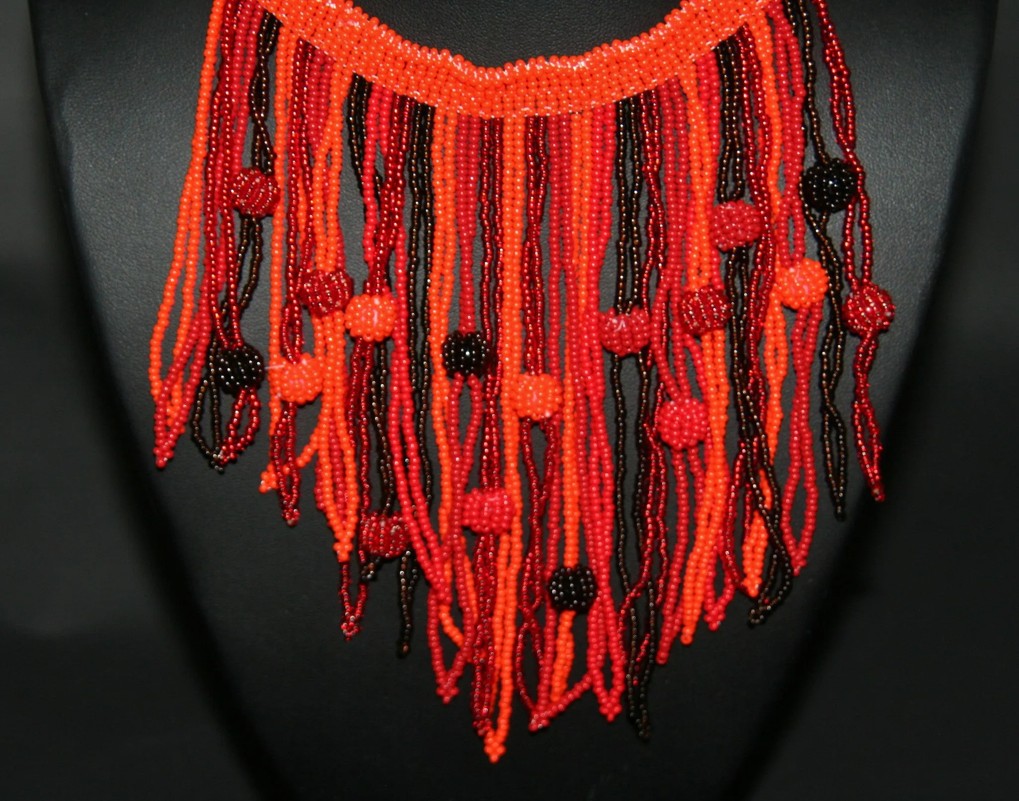 African Choker Beaded Cascade Necklace Orange Burgundy Red Beads
