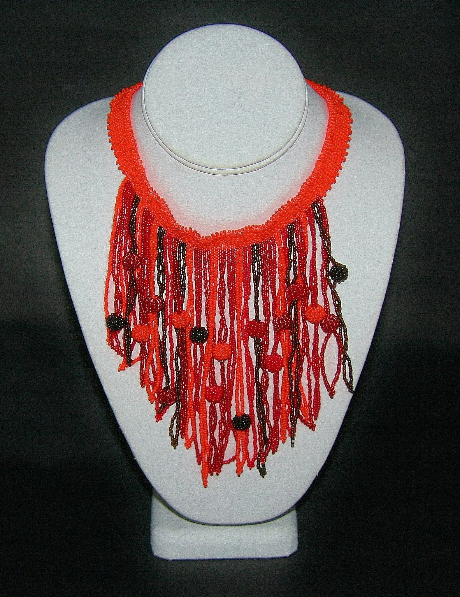 African Choker Beaded Cascade Necklace Orange Burgundy Red Beads