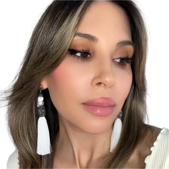 Baroque Cultured Pearl Silver Crystal Gold Plated Tassel Earring