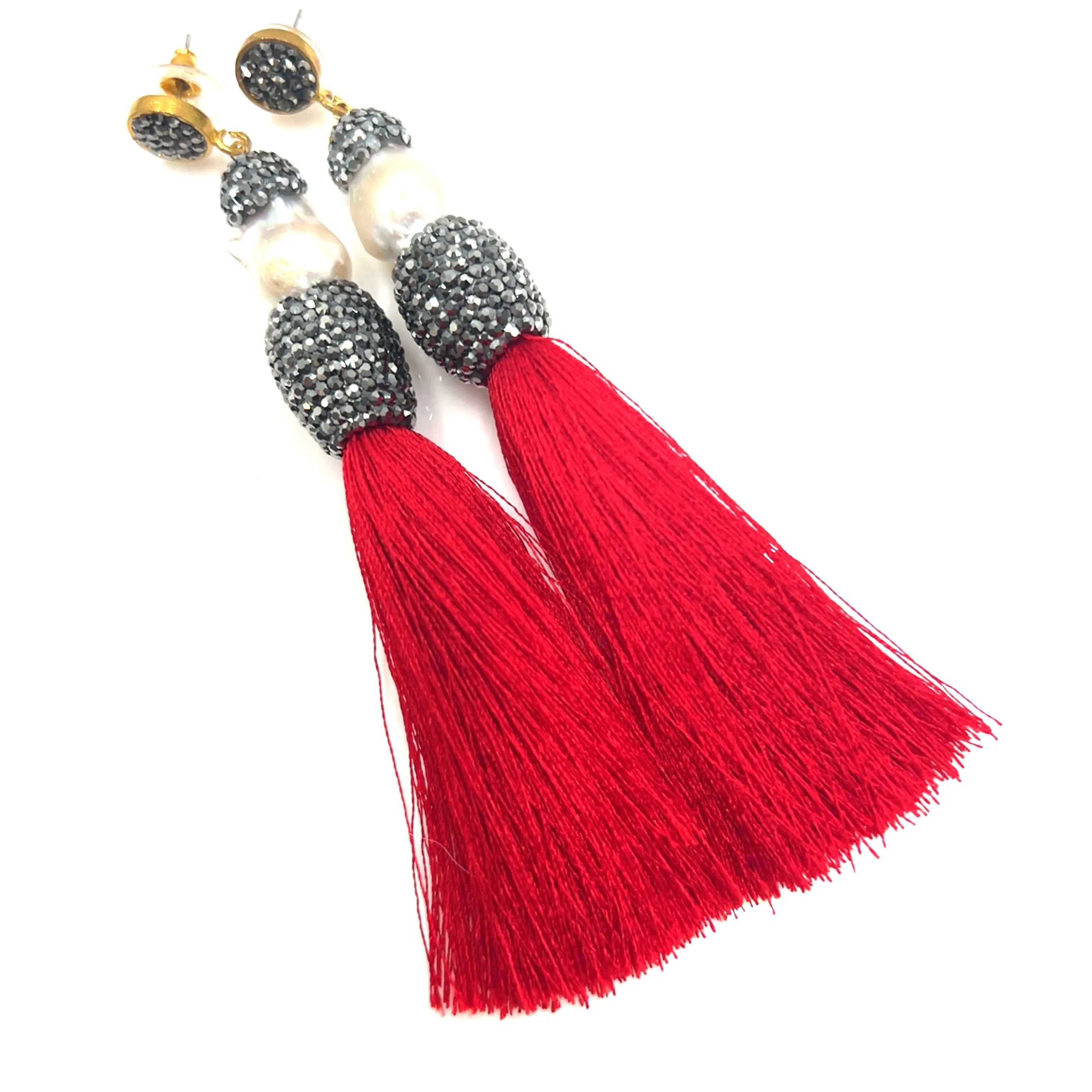 Baroque Cultured Pearl Silver Crystal Gold Plated Tassel Earring